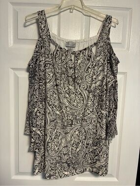 Catherines Black and White Paisley Cold-Shoulder Blouse